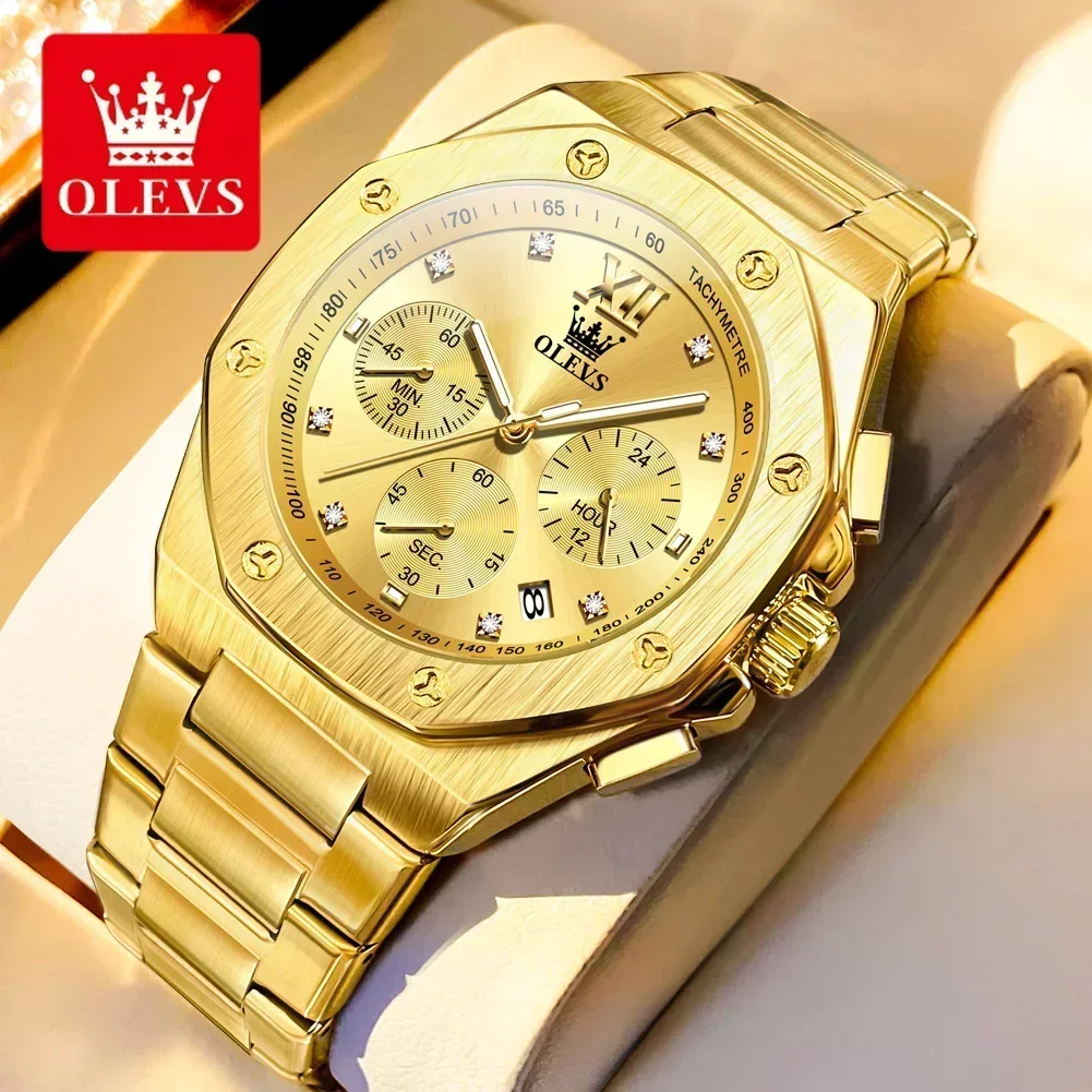 2024 NEW OLEVS Gold Watches for Men Brand Chronograph Wristwatch Original Waterproof Luminous Quartz Relogios Masculino Hombre