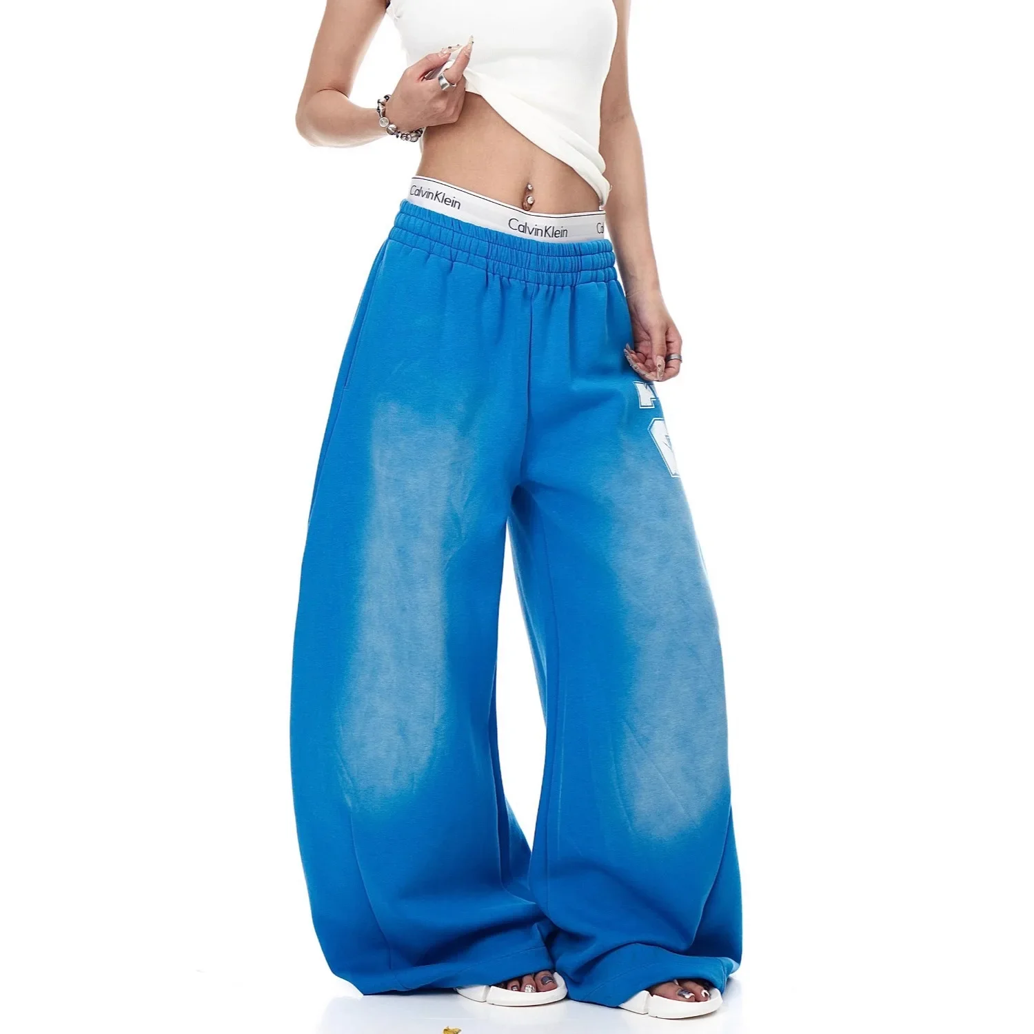 بنطال رياضي كاجوال فضفاض بتصميم أزرق كلاسيكي أمريكي بطول الأرض للرجال والنساء برباط خصر مرن