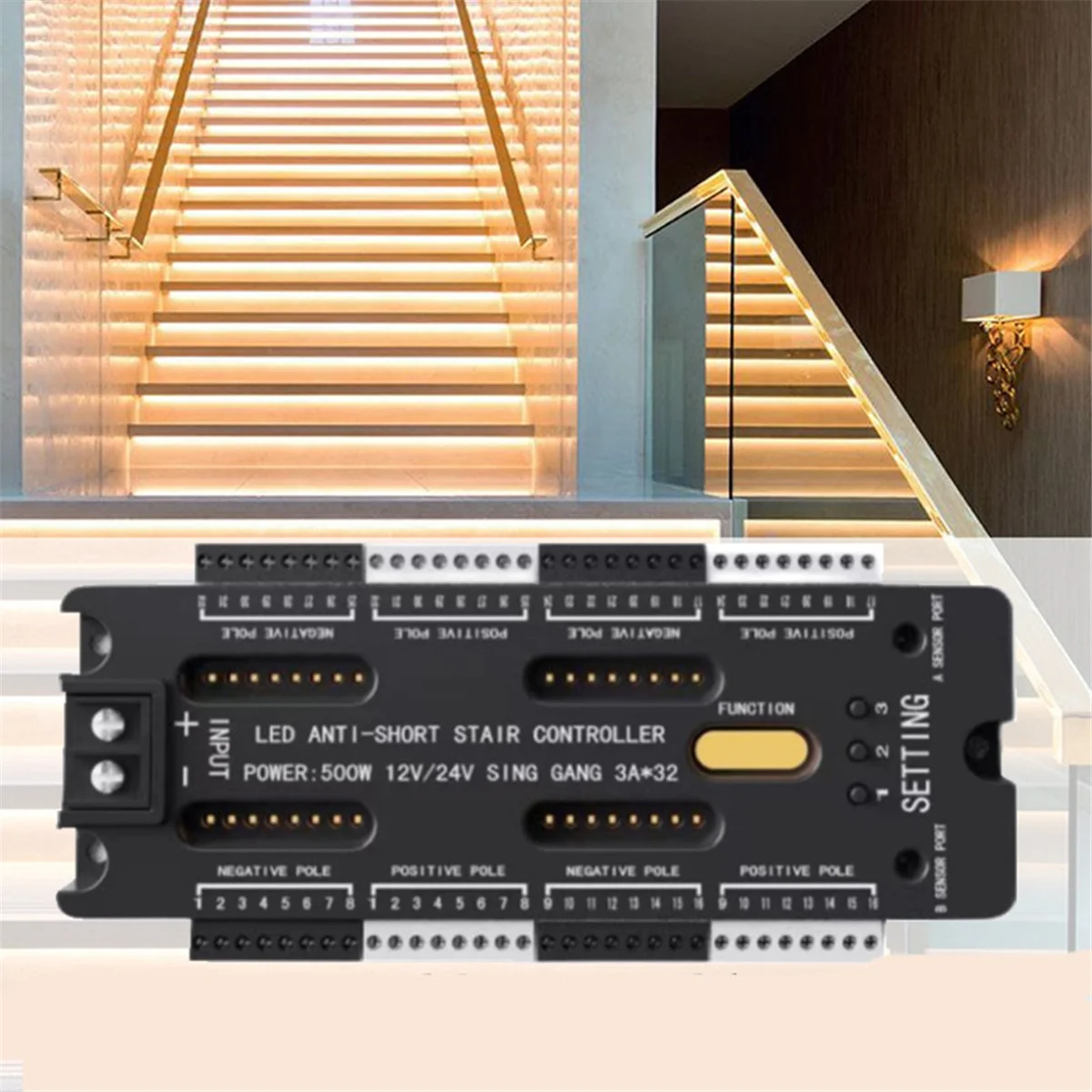 LED Motion Sensor Controlador para Escadaria, Escurecimento Interior Iluminação Noturna, Step Tape, 32 canais, 12V, 24V