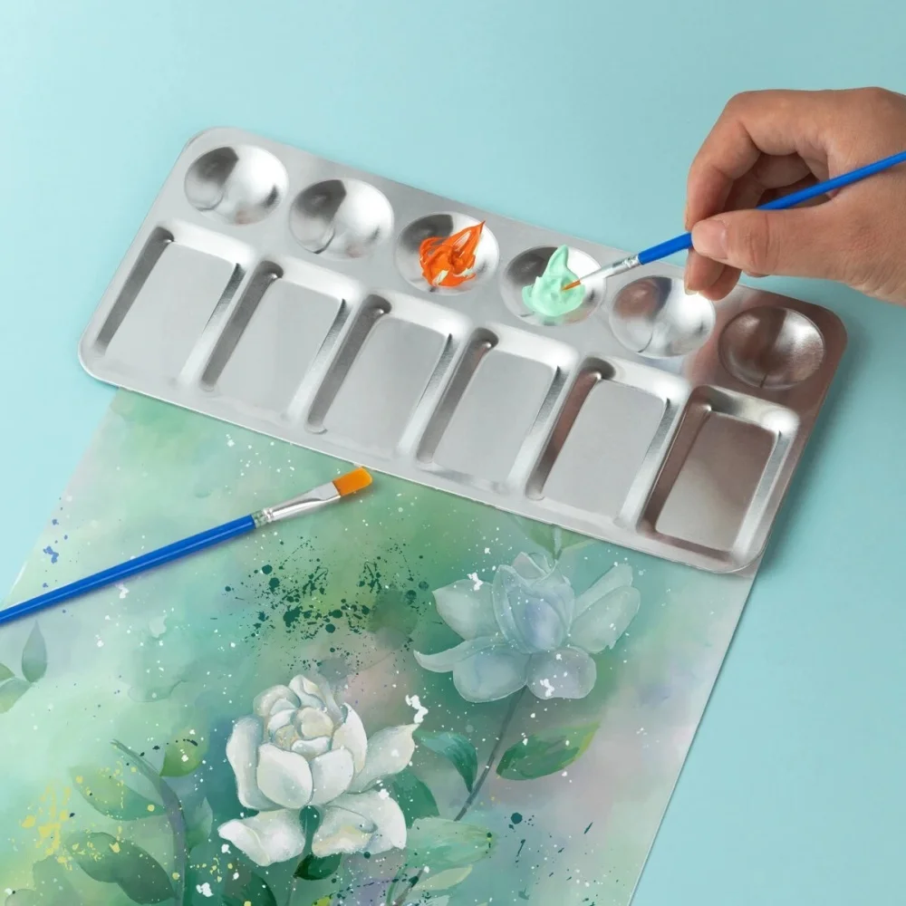 Aluminum Paint Palette Set with 2 Brushes, Rust-Proof Metal Mixing Trays with 6 Wells, Beginner Artist Painting Supplies