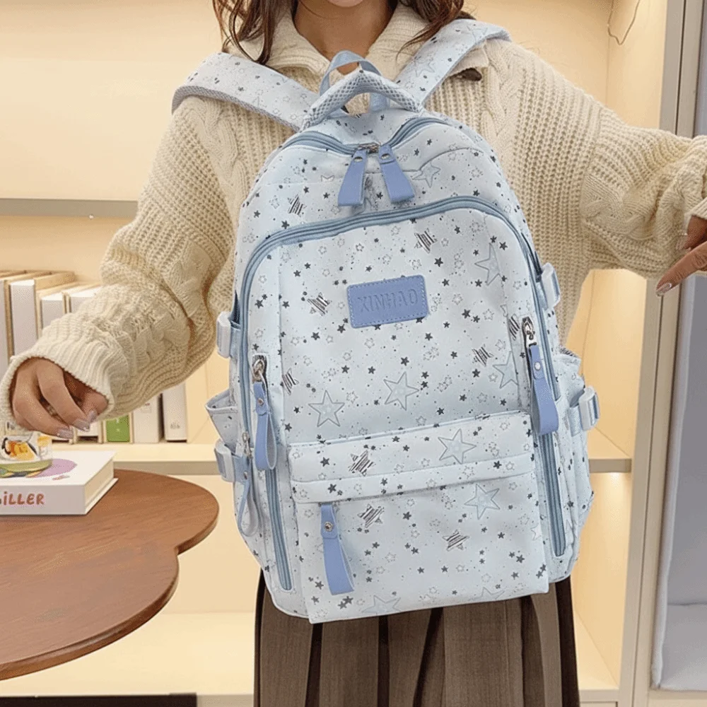 Print Star Backpack Large Capacity College Style Nylon Backpack Korean Style Lightweight Students School Bag