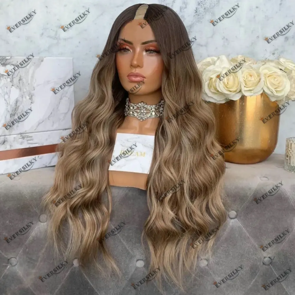 Ombre Ash Blonde 1x4 Size Middle V Part Wigs Human Hair for Women Hightlight Colored Easy Daily Wear U Part Wigs Human Hair