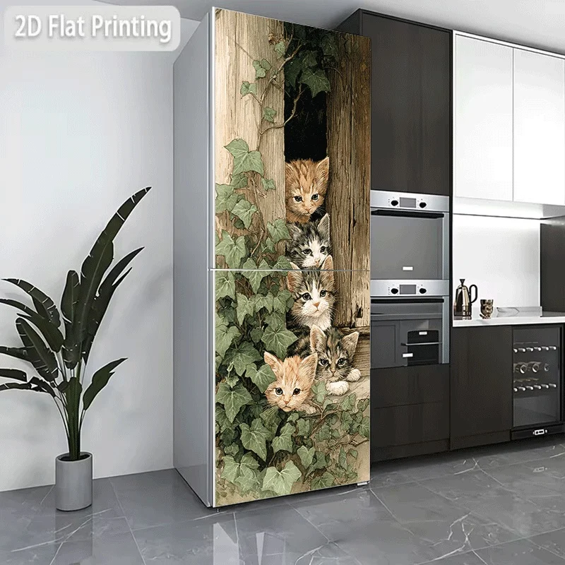 Refrigerator Sticker, Refrigerator and Dishwasher Sticker, Little Kitten Peeking Behind the Door Themed Design, Self-Adhesive