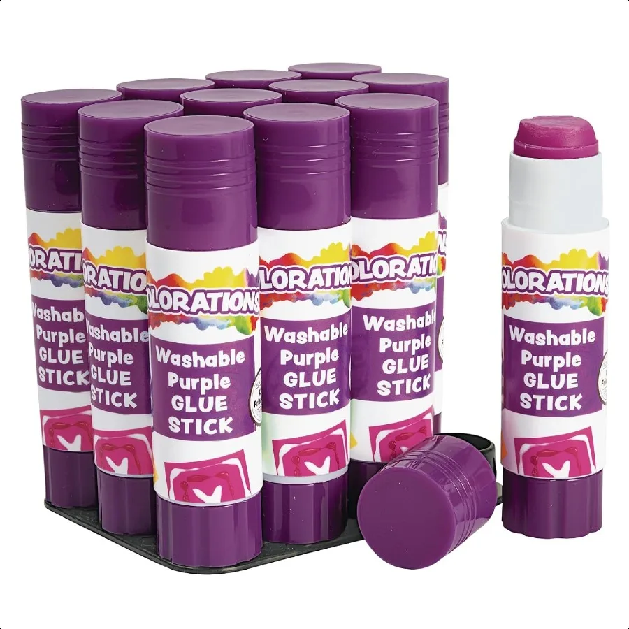 

Colorations Small Washable Disappearing Purple Glue Sticks in a Tray Set of 12 Each 0.32 oz Non Toxic Acid Free Easy to See Whe