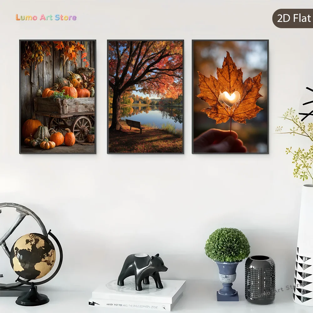 2D Flat, 2D Flat, Posters And Prints, Frameless, 3pcs Autumn Harvest Canvas Wall Art Set, Pumpkin Cart with Rustic Wooden Wag