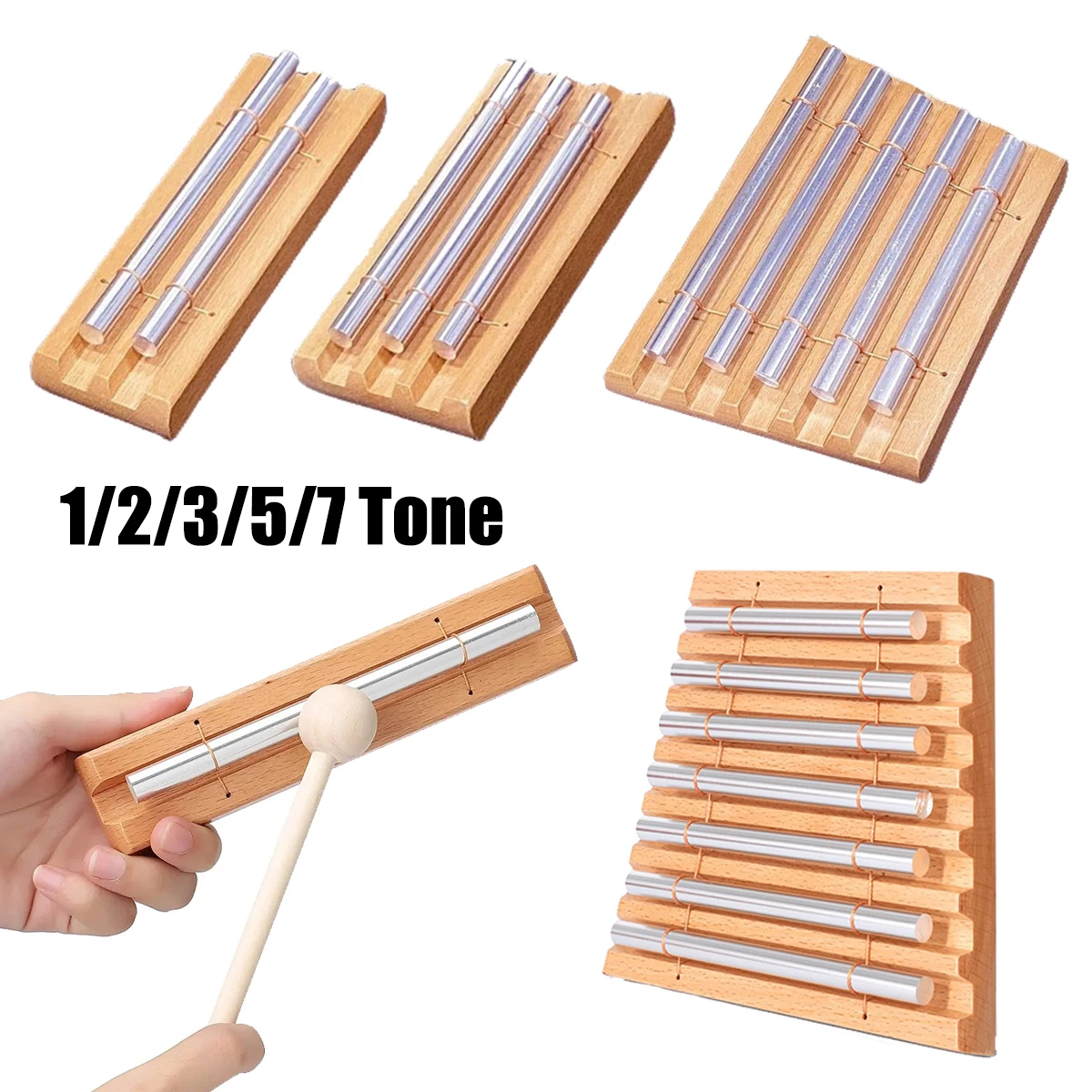 Carillon de méditation en bois Miwayer – Options de 1/2/3/5/7 tons, barres en aluminium, base en hêtre, avec marteau, pour la guérison sonore par le yoga