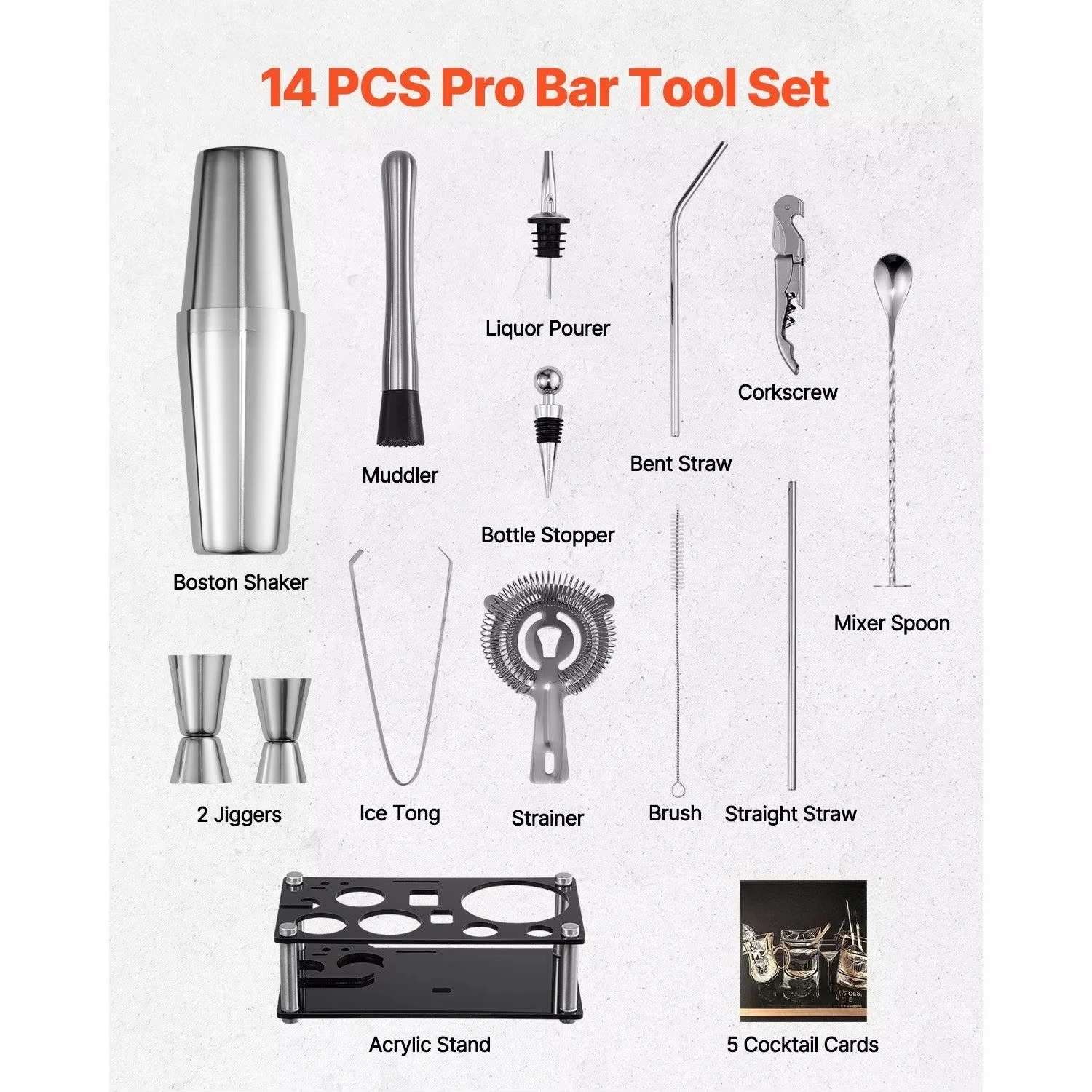 Acrylic Stand Boston Bartender Kit Accessories Include Stirring Spoon and Bartender Stick