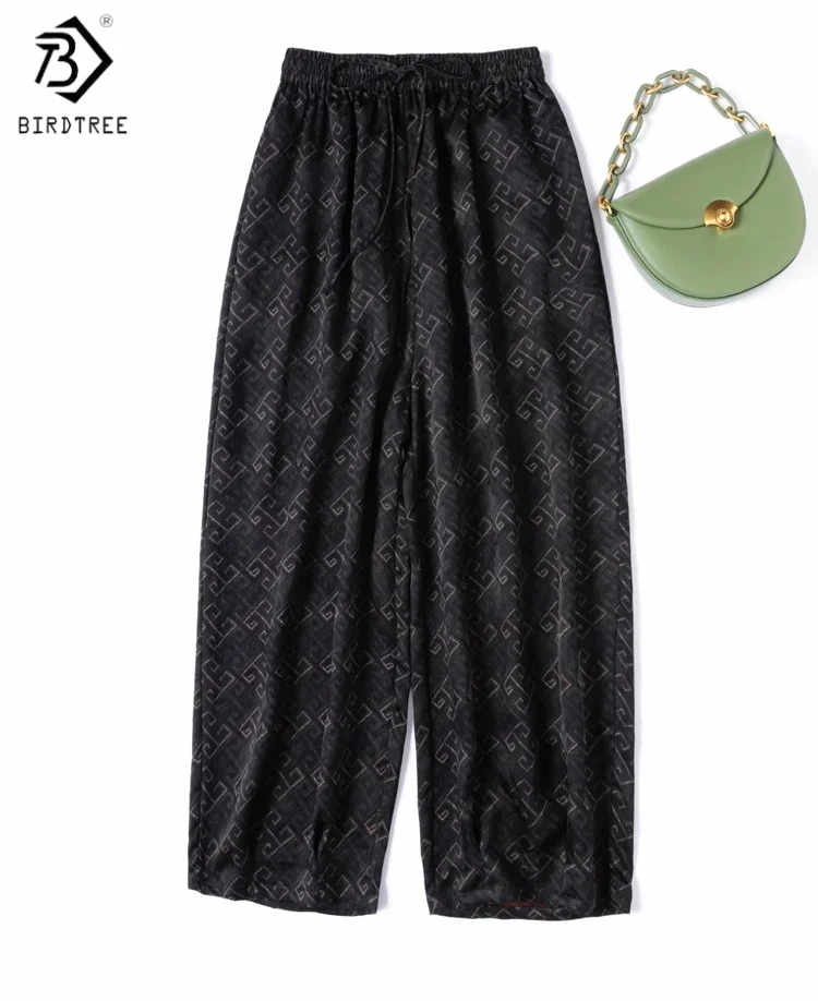 

Birdtree Summer 100% Mulberry Silk Pocket Pants,Women Jacquard Satin Elastic Waist Straight Black Harem Pants,2025 New P56519JF