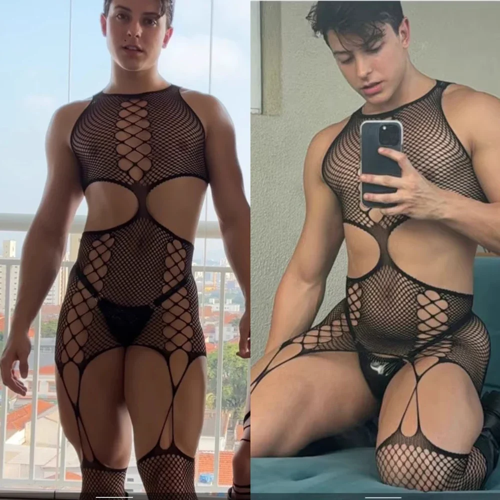 

Sexy Body Lingerie Crotchless Bodysuit Men's Bodystocking Fishnet Sleepwear Men Pantyhose With Sleeves Underwear