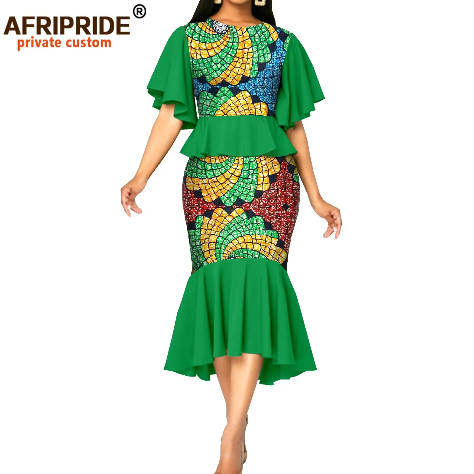 

African Print Dresses for Women Petal Sleeve O-Neck High Waist Midi Dress Dashiki Outfits Bazin Riche Vintage Attire A2125032