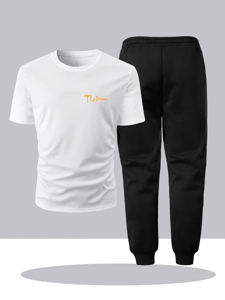 

Мужской комплект с короткими рукавами и длинными брюками для занятий спортом на открытом воздухе, топ с круглым вырезом и короткими рукавами в сочетании с повседневными длинными брюками, модный комплект