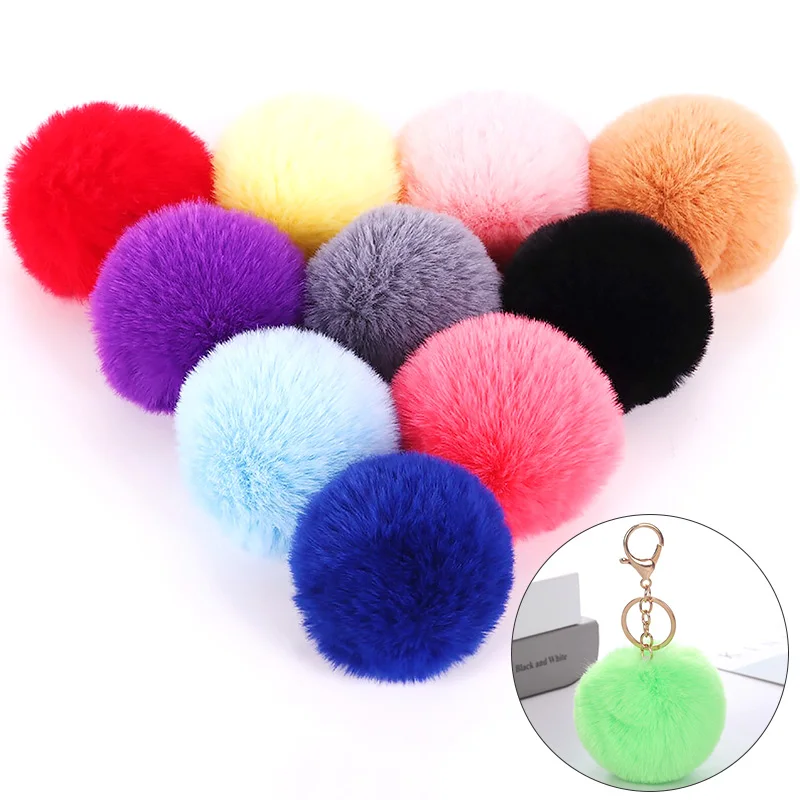 1pc Cute Artificial Rabbit Fur Ball Plush Fuzzy Fur Key Chain Pompons Keychain Women Car Bag Key Ring Pendant Jewelry Accessory