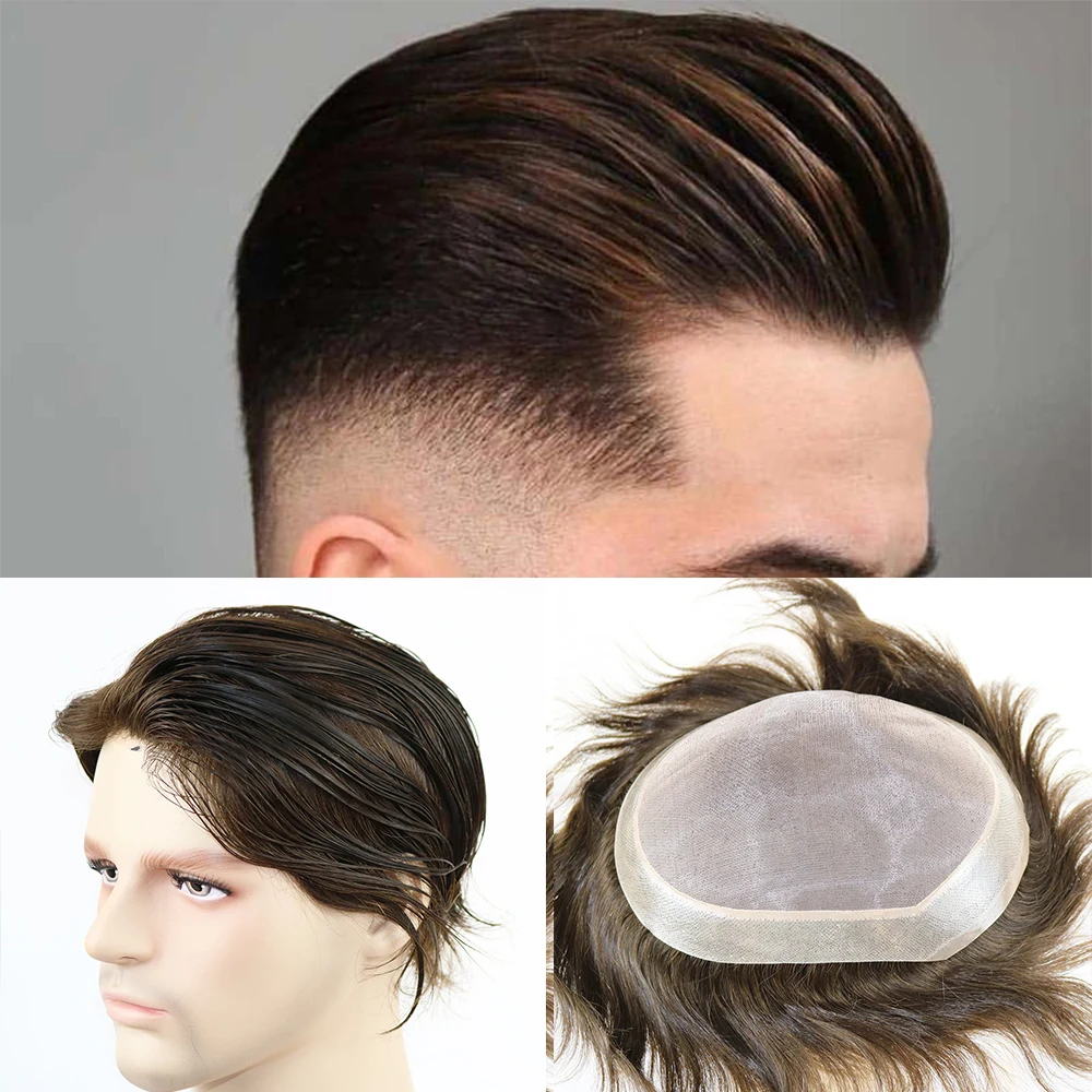 Tupé para hombres, sistema de cabello humano duradero, Mono fino, encaje, peluca de repuesto, sistema de cabello PU, piel polivinílica alrededor de la peluca media