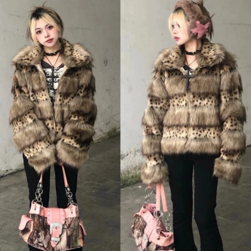 

Autumn Winter Leopard Print Eco Friendly Faux Fur Coats Women's New Vintage Brown Lapel Furry Coat Fashionable Warmth Outerwear