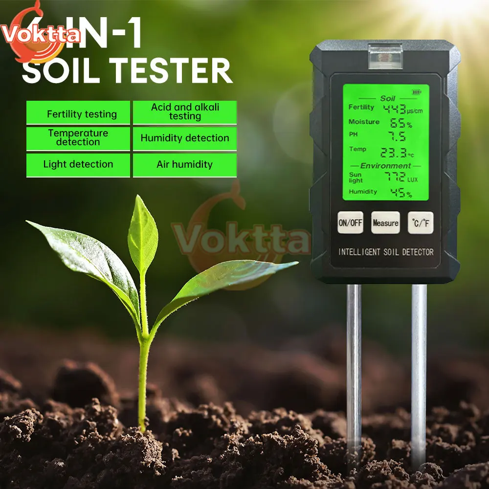 Testador de pH do solo 6-em-1, teste de temperatura de umidade, tela LCD, medidor de umidade, testador de água nutriente, plantio de flores do jardim