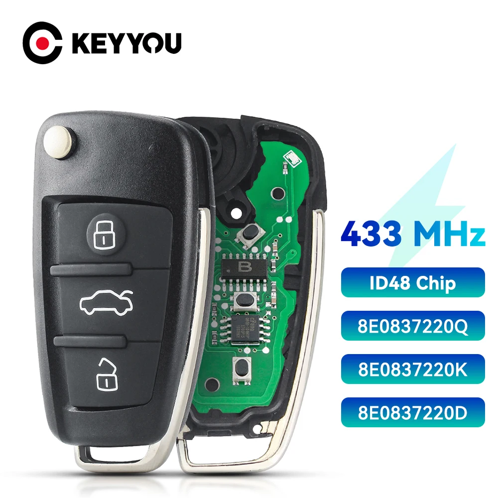 KEYYOU ASK Do AUDI A2 A4 S4 Cabrio Quattro Avant 2005 2006 2007 433MHz ID48 Zdalny kluczyk samochodowy 8E 0837220 Q 8E 0837220 K 8E 0837220 D