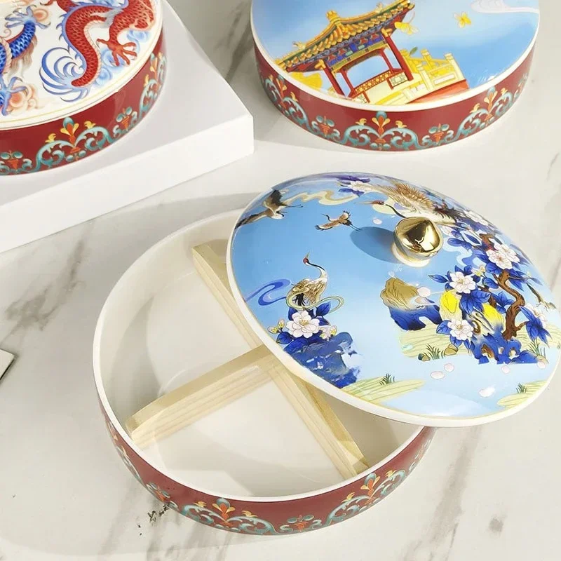 Mid-Autumn Festival Gifts Enamel-Colored Dried Fruit Plate With Compartments And Lid Bone China Nut Snack Melon Seed Plate