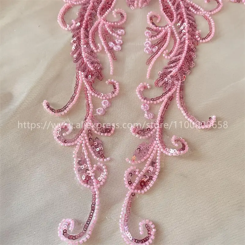 Large Front and Back Beaded Lace Applique, Pink, Shiny Opening, Tull Embroidery, DIY Wedding Dress, Children\'s Clothing, Sewing