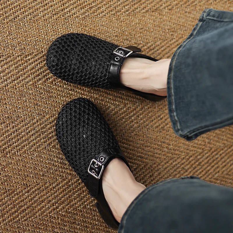 

Туфли большого размера Бежевые босоножки на каблуке Квадратный носок Низкие неглубокие женские тапочки Уличные черные летние мягкие туфли на шнуровке из твердой ткани PU Sli