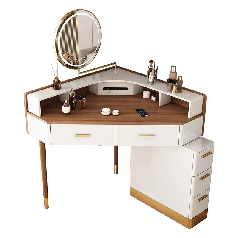 Women Makeup Dressing Table Vanity Desk Angle Bedroom Luxury Corner Hairstyle Dresser Table with Mirror Penteadeira Furniture