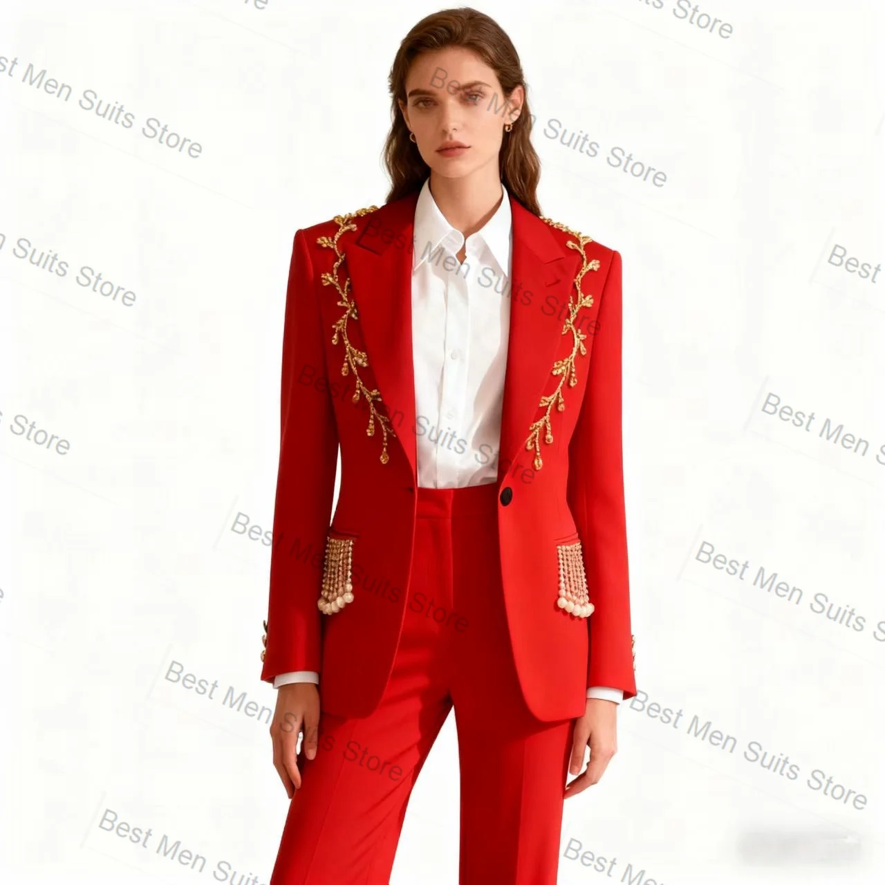 Różowy damski garnitur 2-częściowy z kryształami i perłami, marynarka + spodnie, jesień, formalny, do biura, żakiet, szyty na miarę, dla gościa weselnego, na studniówkę, płaszcz