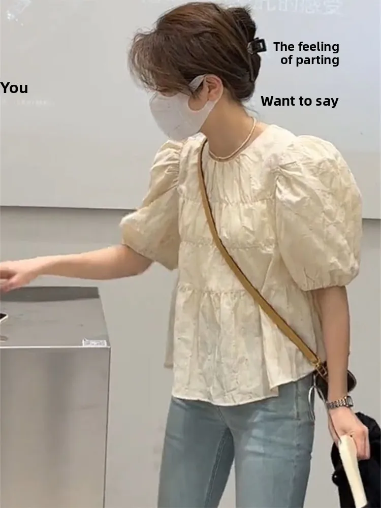 

Новая летняя женская блузка с коротким рукавом в корейском стиле, однотонная, с круглым вырезом, свободного кроя, с отворотом, из шифона