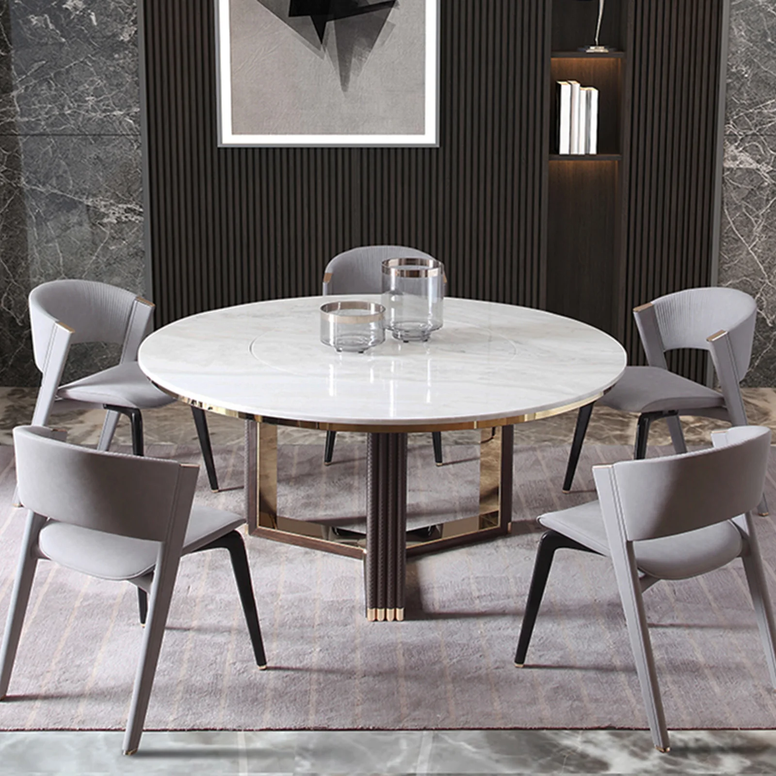 ⅹ-  Luxurious Italian Dining Room Table Set Round Marble Dinning Table Gold Set Modern&