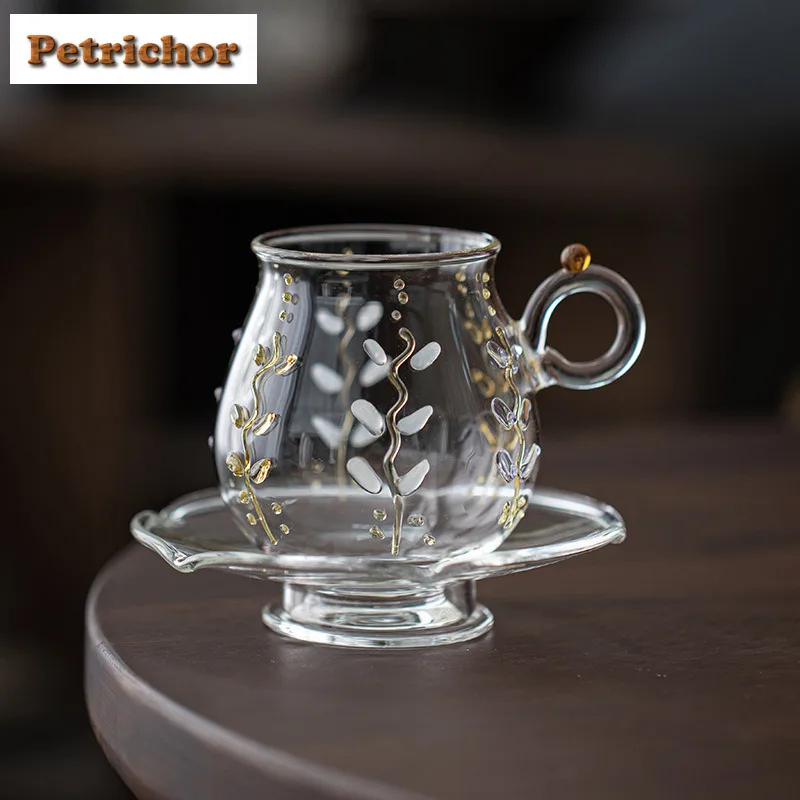 

230ml Wisteria Flower Glass Coffee Mug with Plate Latte Cereal Mug Afternoon Tea Mug Cup Saucer Kit Office Water Cup Teaware