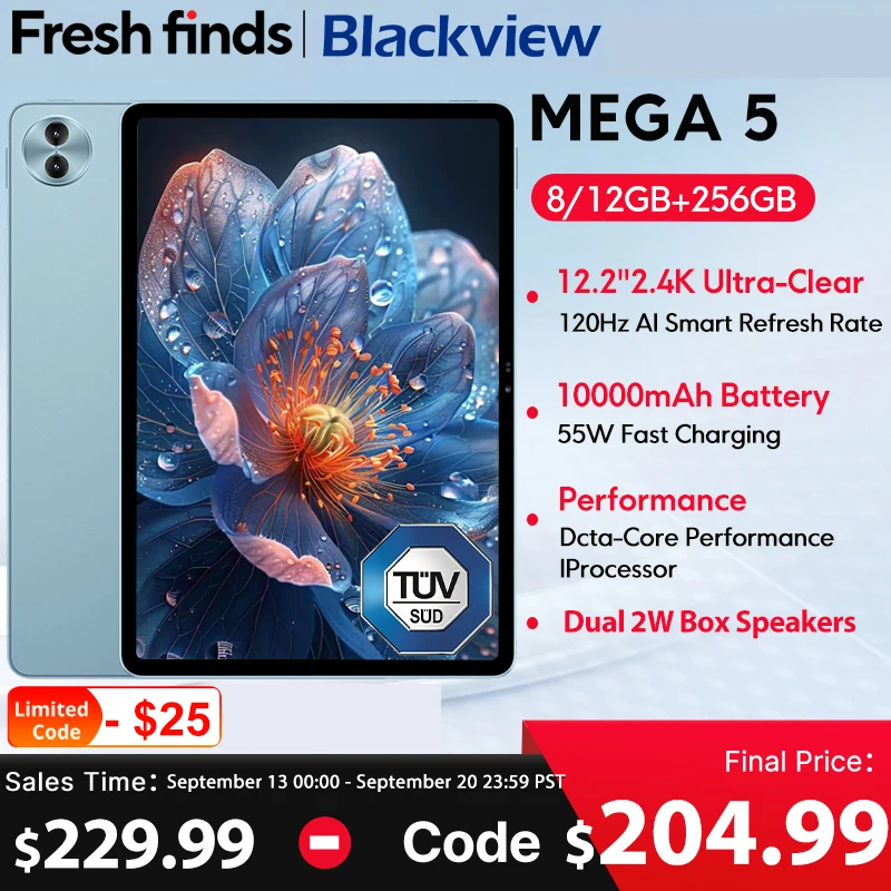新しいBlackview MEGA 5 AIタブレット 12.2インチ 2.4K 120Hzディスプレイ 12GB 256GB 10000mAh 55W充電 4G Android 16 PCパッド