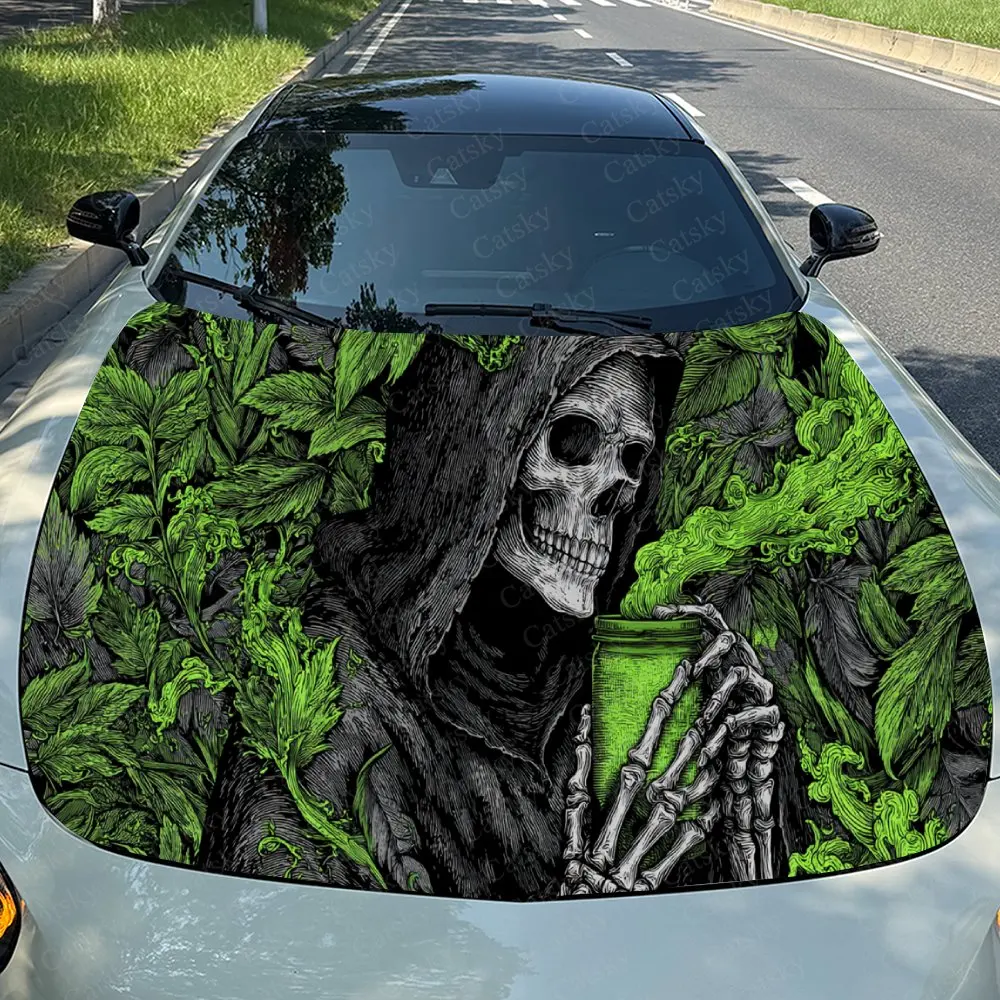

Car Decal Grim Reaper Amidst Green Foliage in Nature-Gothic Fusion Design, Creating a Bold and Eerie Visual Car Hood Sticker, Wa