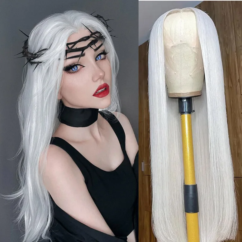 لينة قبل قطعها نقية سنو وايت 30 بوصة 180 الكثافة مستقيم الدانتيل شعر مستعار أمامي الاصطناعية مع شعر الطفل غلويليس ارتداء اليومي الباروكات #6