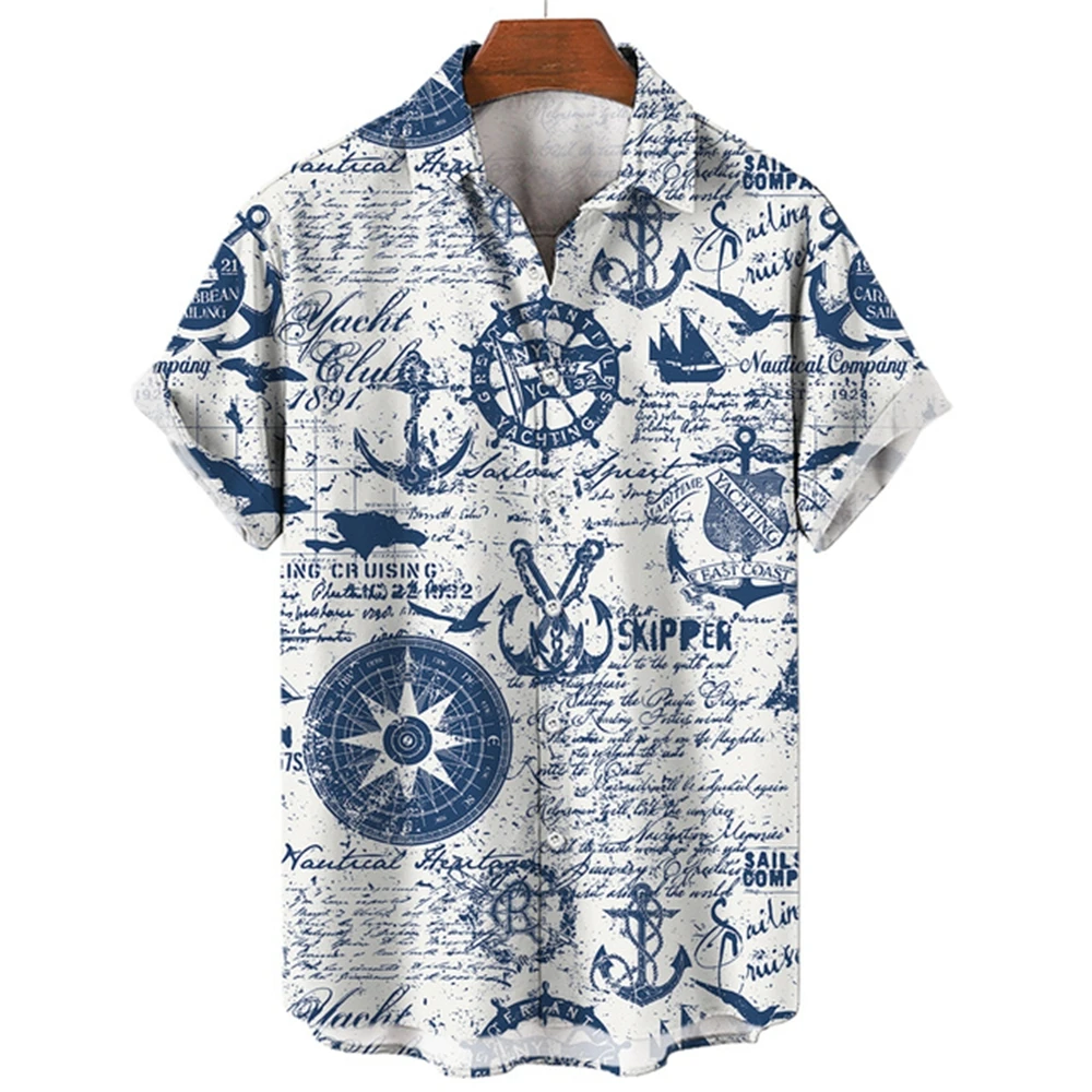 

2024 Vintage Men's Shirt Nautical Print Short Sleeved Shirt Beach Casual Men's Clothing Loose Oversized Hawaiian Men's Shirt