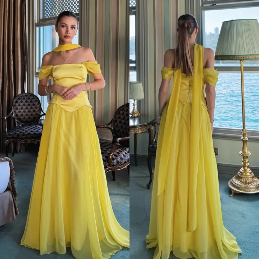 

Customized Chiffon Pleat Off-the-shoulder A-line Floor-length Bespoke Occasion Zip Prom Dresses Elegant Simple Party Gown