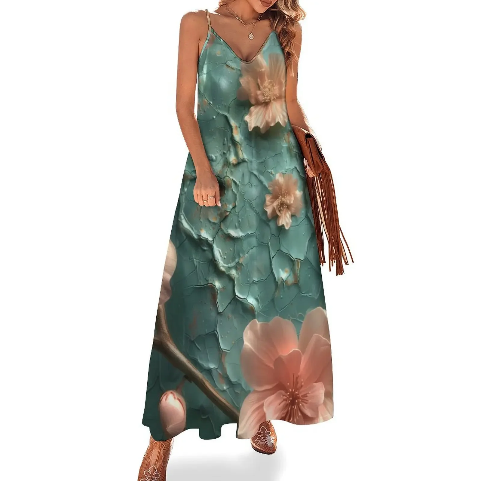 

Pepper green paint texture and peach fuzz flowers Sleeveless Dress birthday dress for women dresses for official occasions Dress