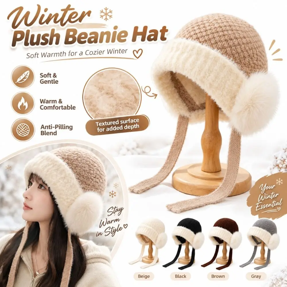 Faux Fur Trim Winter Beanie Hat Ribbed Brim Braided Ties Earflap Beanie Hat Ear Protection Cozy Chunky Knit Knit Trapper Hat