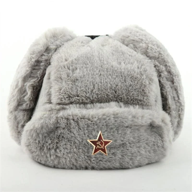 Russian Ushanka Hat for Men & Women - Vintage Soviet Style Winter Hat with Badge, Faux Rabbit Fur Bomber with Earflaps