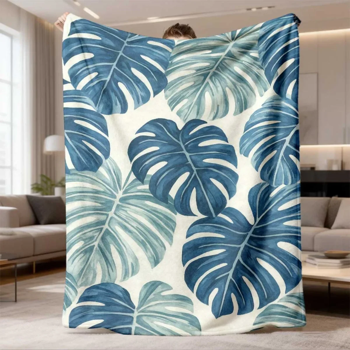 Watercolor Coastal Monstera Throw Blanket Navy Indigo Blue Tropical Foliage Botanical Pattern For RV Captain Seat