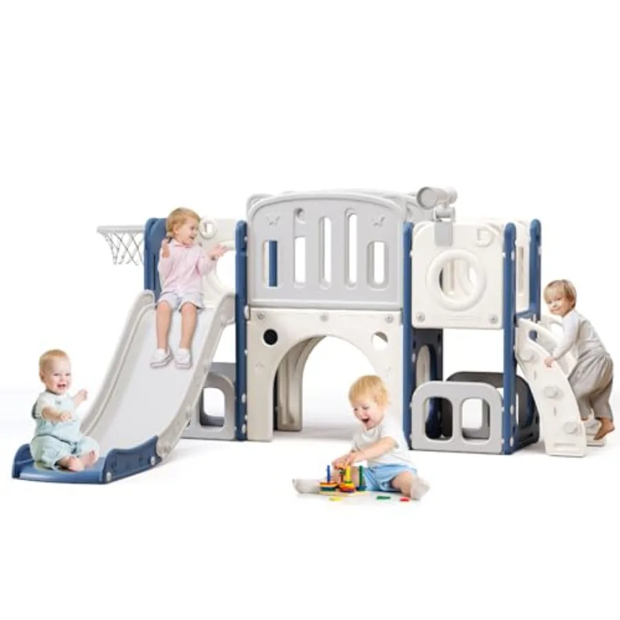 

8 in 1 Toddler Slide Climber Slide with Storage Space and Non-Slip Steps Indoor Outdoor Playset with Basketball Hoop and Telesc