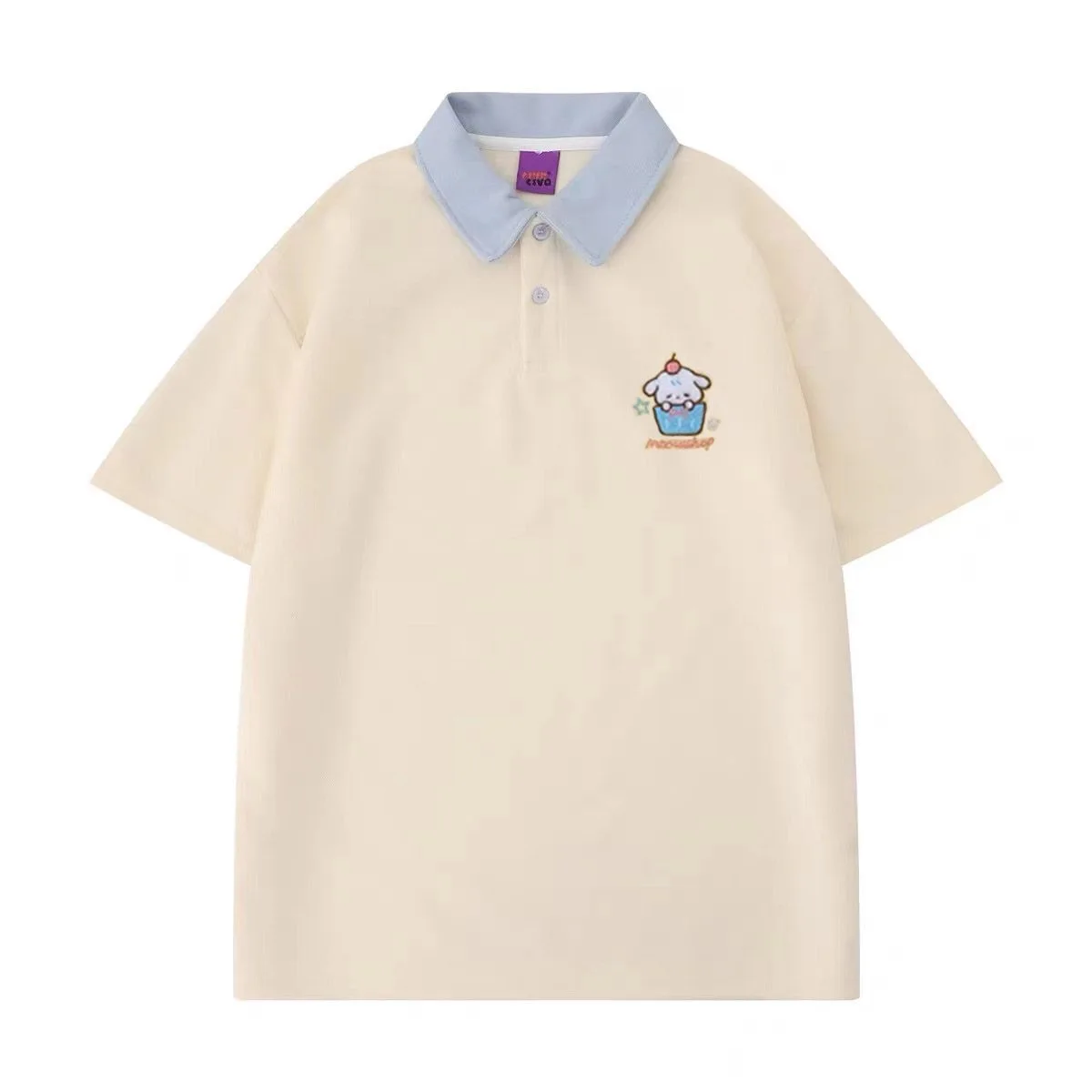 Embroidery Dog Print Polo T Shirts Stripe Women T-shirt Cotton Tee 2025 Y2K Casual Loose Shoujo Cute Oversized Tshirt