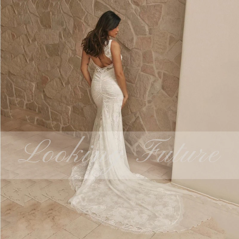 Boho Mermaid Wedding Dresses Lace Backless Spaghetti Straps Beach Sexy V-Neck Bohemian Bridal Gowns Elegant Vestidos De Noiva