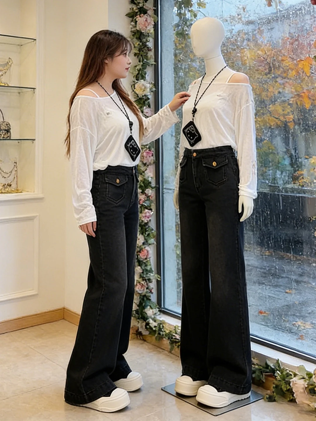 

plus Size High Waist Wide Leg Denim Jeans Women's Loose Straight Cut Floor Length Pants Spring New Sle Slimming Effect