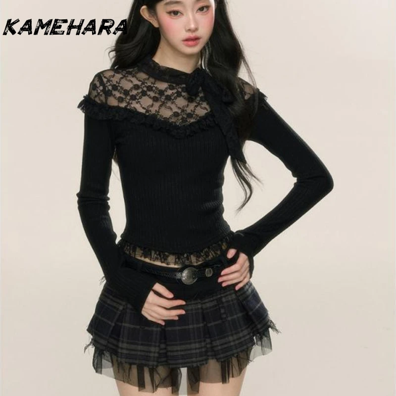 

KAMEHARA Sweet Spicy Lace Black Fungus Edge Collar Long Sleeves Patchwork Base Tee Spring Autumn Hollowed Out Slimming Niche Top