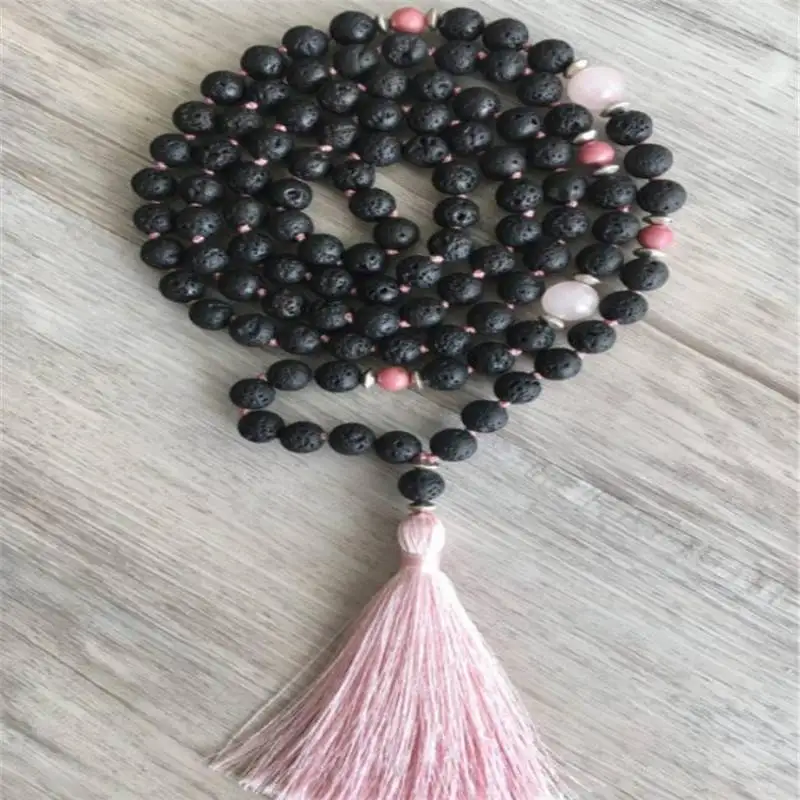 

Natural Matte Black Onyx & Rose Quartz 108 Mala Beads Necklace with Pink Tassel Protection & Love Healing Crystal Jewelry