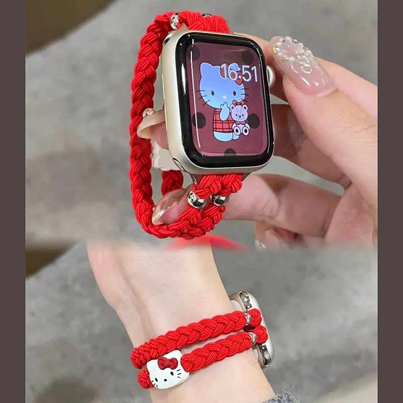 Miniso Kittys Red Braid Watch Band Women Bracelet for Apple Watch 38mm 40 42 45 44mm 9 8 7 6 5 for IWatch Ultra Strap Girl Gift