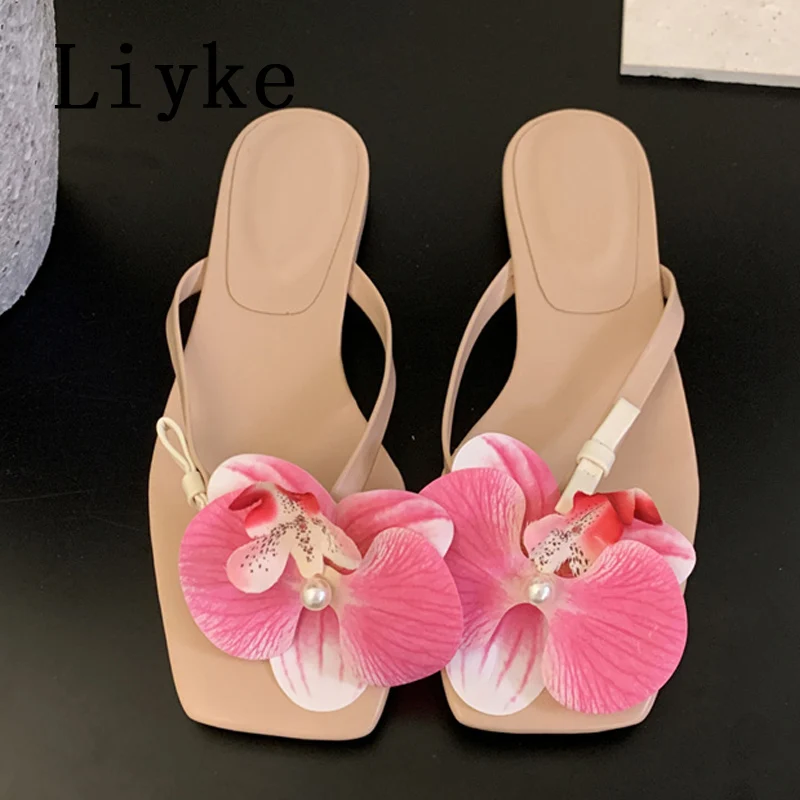 Liyke แฟชั่นฤดูร้อนออกแบบดอกไม้คลิป Toe Flip Flops ผู้หญิงแบนรองเท้าแตะกลางแจ้งรองเท้าแตะชายหาดหญิงรองเท้า Mules สไลด์