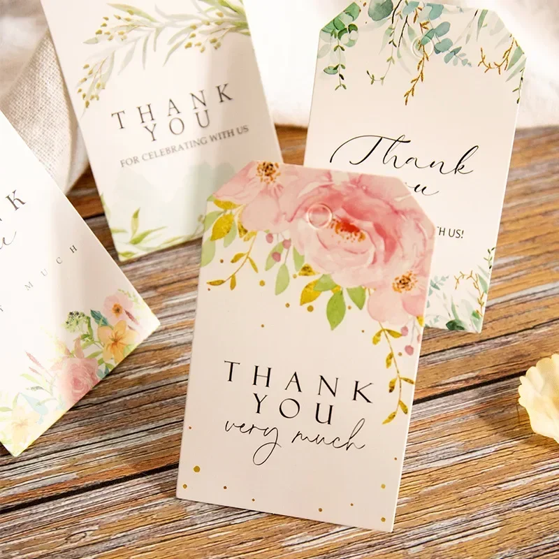 50pcs/set THANK YOU Tags Kawaii Floral Gift Wrapping Paper Cards Wedding Happy New Year Gift Packaging Tags DIY Hanging Labels