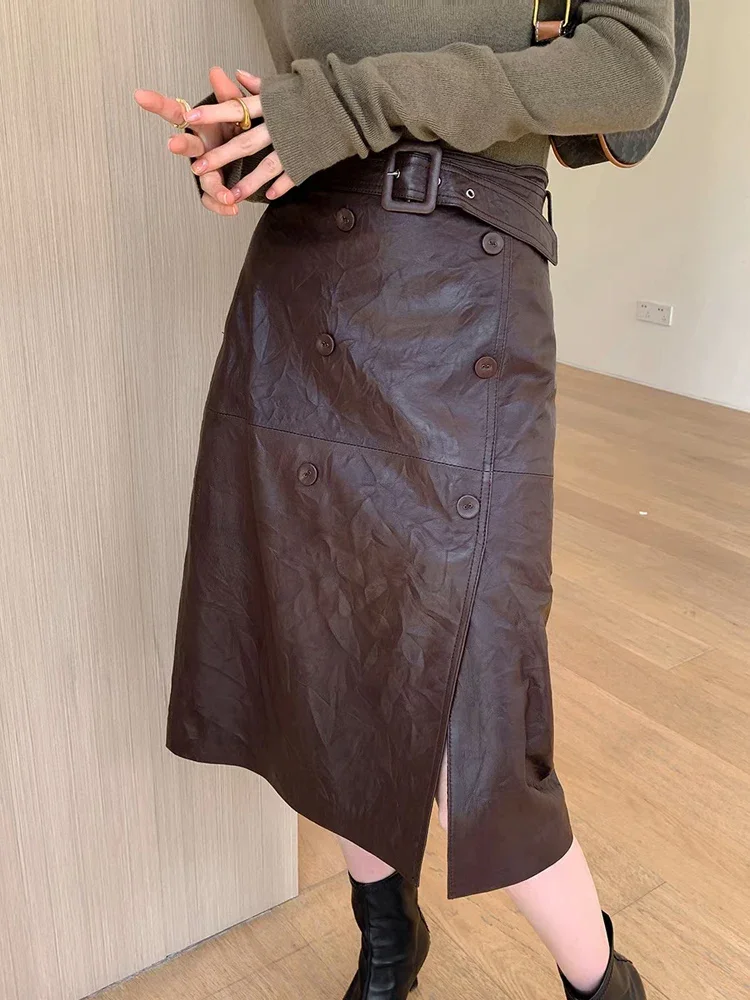 Women Long Leather Skirt Euro-American Knee-Length Sheepskin Slim Pencil Skirt With Belt Femme Front Split Wrinkle Sensation