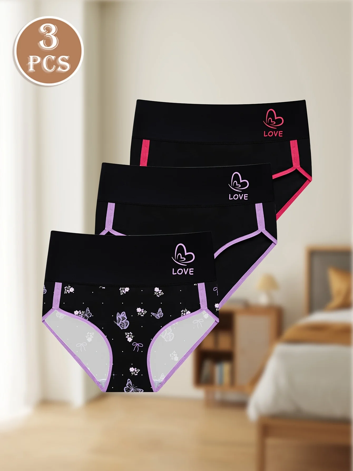 Dámské kalhotky s vysokým pasem pro stahování bříška, 3 ks - elegantní kontrastní lem s květinovým a motýlím vzorem, měkká prodyšná tkanina - náhled 5