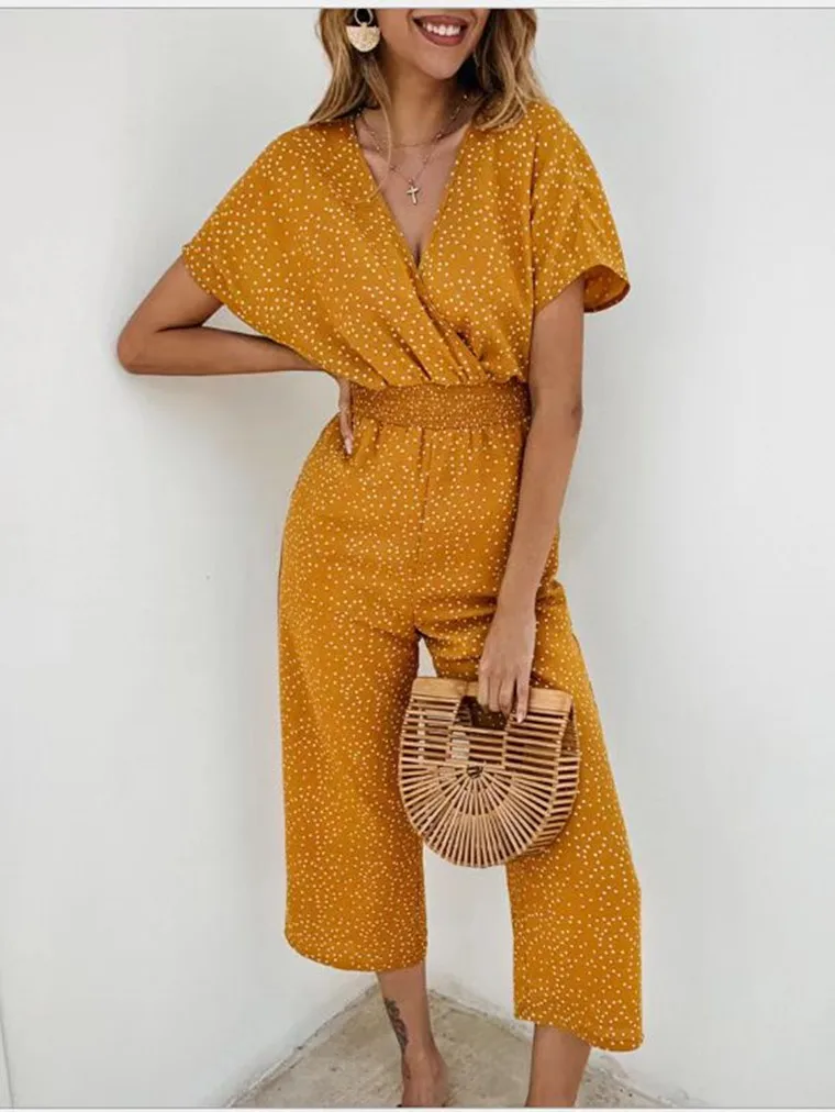 Women Jumpsuits Rompers Summer Casual Shaped Waistband V-neck Pocket Overalls Short Sleeve Dot Printed Wide Leg Loose
