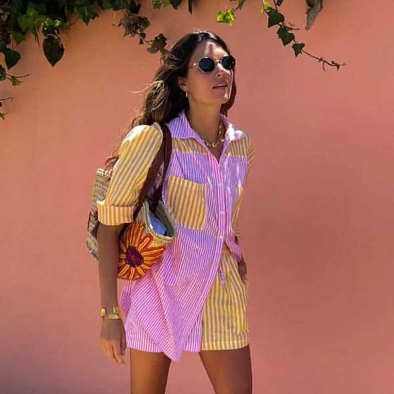 

BUSCFOX 2025 Women's Striped Shirt Casual Loose Single-breasted Shirts Long Sleeve Shirts Orange Pink Contrast Blouses Top